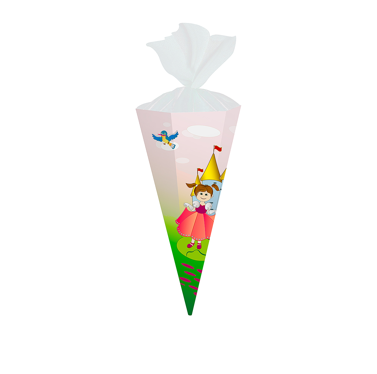 kleine rosa Schultüte mit Prinzessin im roten Kleid und buntem Vogel vor einem hellblauen Schloss